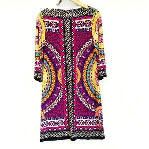 Vintage ICE Tribal Shift Dress Sz 8 Multicolor 3/4 Sleeves Knee Length Colorful
